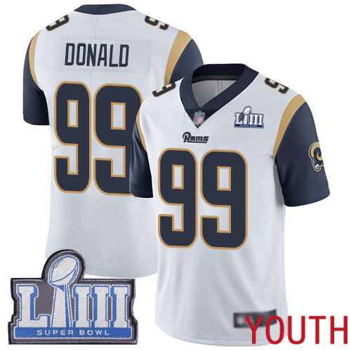 Los Angeles Rams Limited White Youth Aaron Donald Road Jersey NFL Football #99 Super Bowl LIII Bound Vapor Untouchable->youth nfl jersey->Youth Jersey